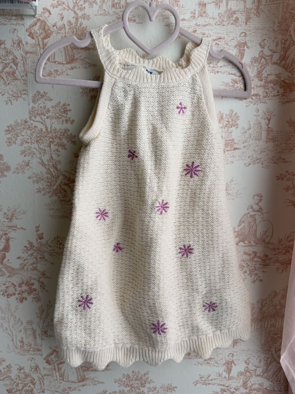 Cream Knit Sleeveless Dress with Lavender Flower Embroidery. Size 3t